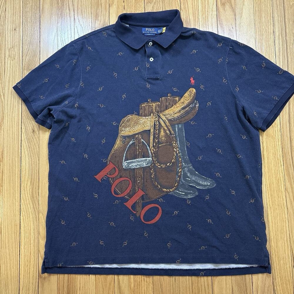 Polo Ralph Lauren Mens XXL Classic Fit Saddle Print Mesh Short Sleeve Polo Shirt